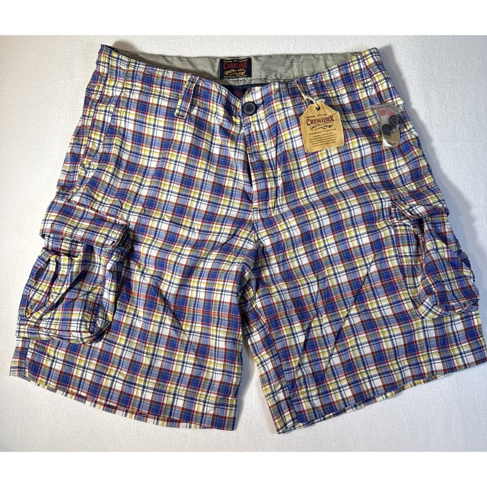 NWT Cremieux Men 38 Plaid Cargo Shorts Blue Yellow Madras Cotton Shorts